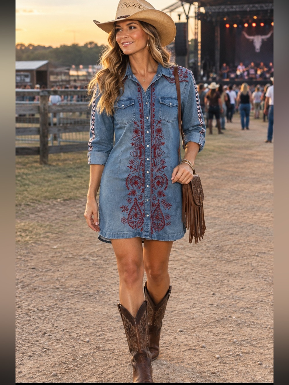 Johnny Was Workshop Denim Embroidered Pearl Snap Dress Size Medium